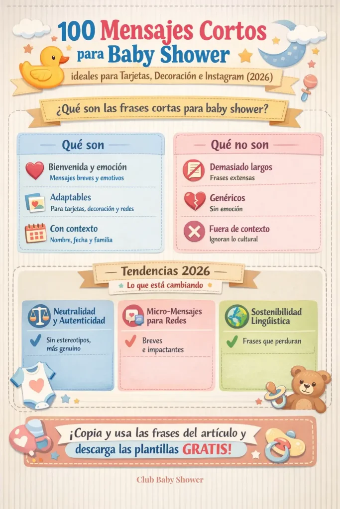 Infografia: 100 Mensajes Cortos para Baby Shower ideales para Tarjetas, Decoración e Instagram (2026)