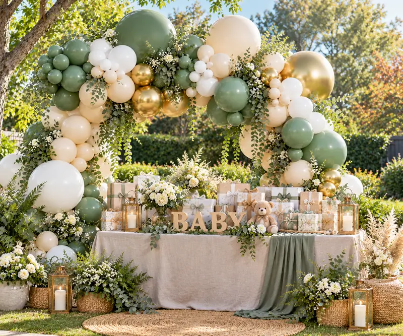 Imagen ilustrativa (IA): Mesa de baby shower con globos verde salvia, nude y dorados