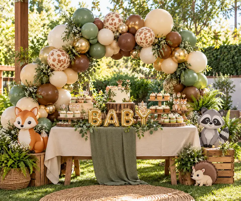 Imagen ilustrativa (IA): Decoración de baby shower Woodland con globos de ciervo, mapache y zorro